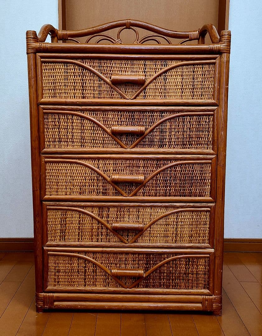 ラタン 籐 チェスト 家具 5段 タンス 箪笥 レトロ アンティーク ①