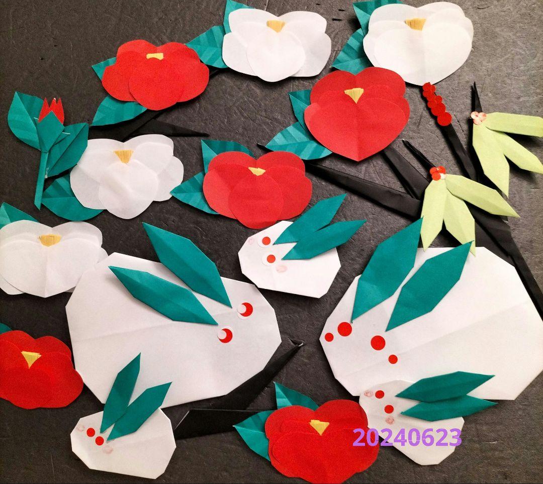 折り紙　切り紙　創作つばき　雪うさぎ　　南天　冬壁面　ご確認ページ