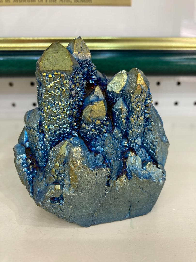 オーラ原石 ブルー＆金色 天然石 クラスター ポイント 413g 城 シンデレラ