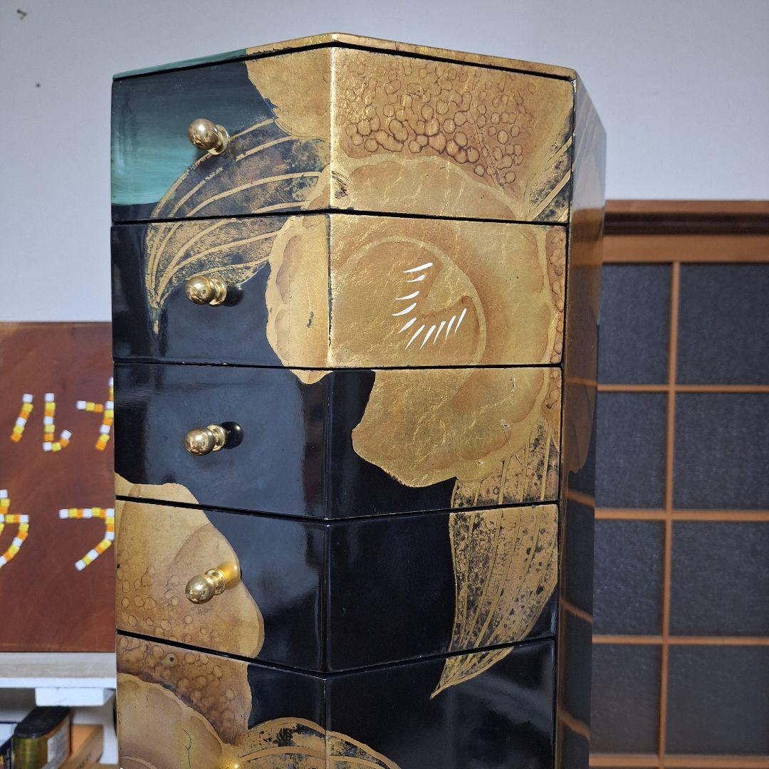 中国家具 黒漆 八角型 8杯 引き出し 抽斗 箪笥 チェスト 花台 高卓 飾り台