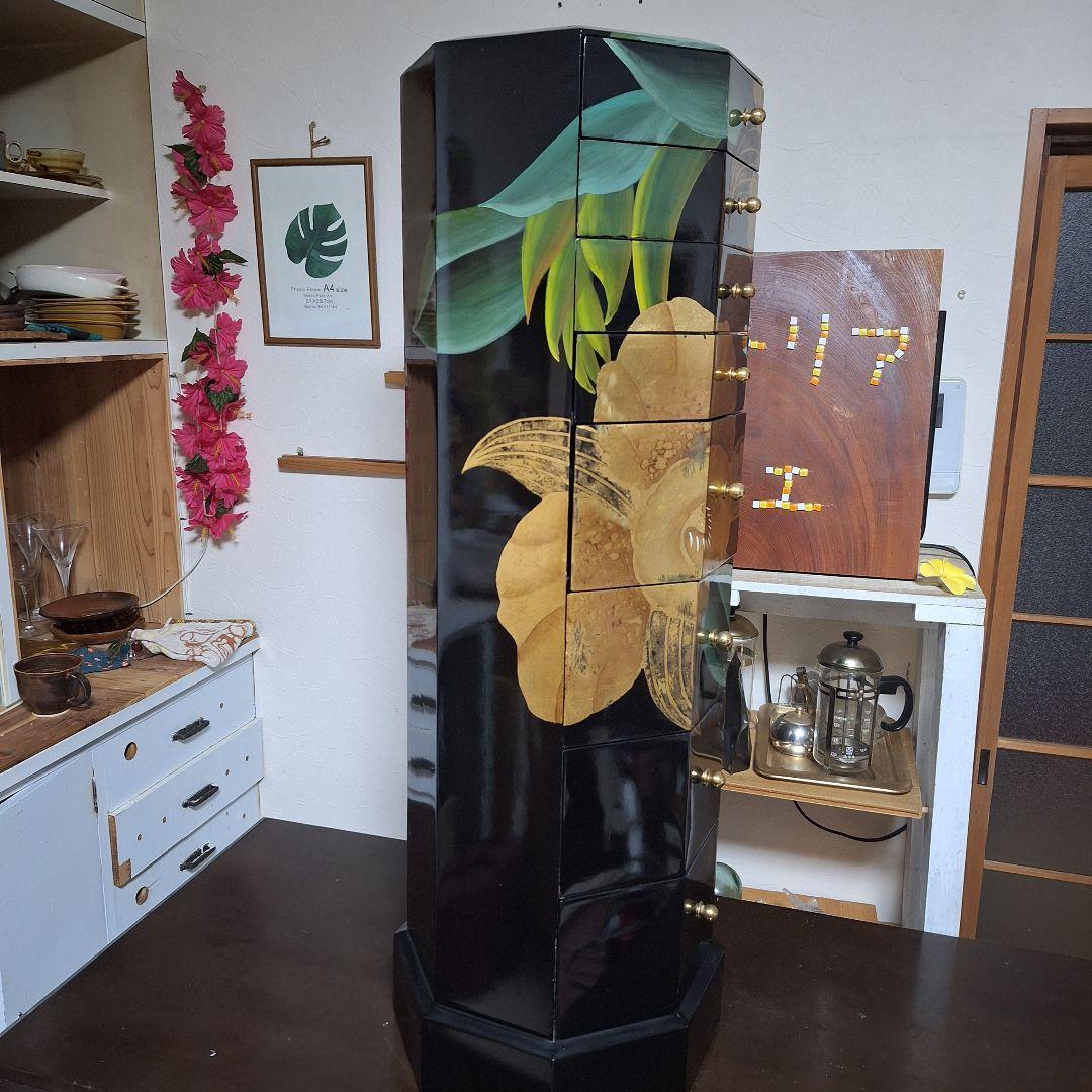 中国家具 黒漆 八角型 8杯 引き出し 抽斗 箪笥 チェスト 花台 高卓 飾り台