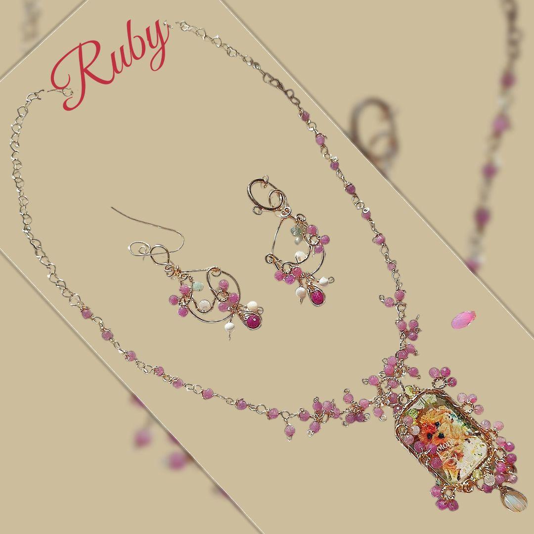 14kgf AAAうちの子 写真ネームオーダー ルビー　ピンクオパールネックレス