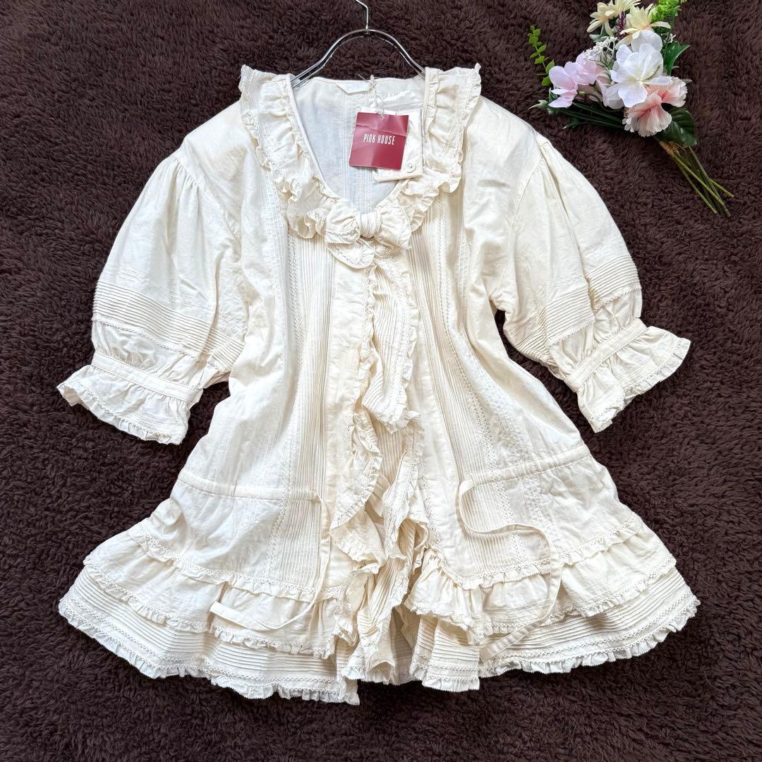 ★タグ付新品★ピンクハウス　オーバーブラウス　ピコフリル　リボン　ティアード