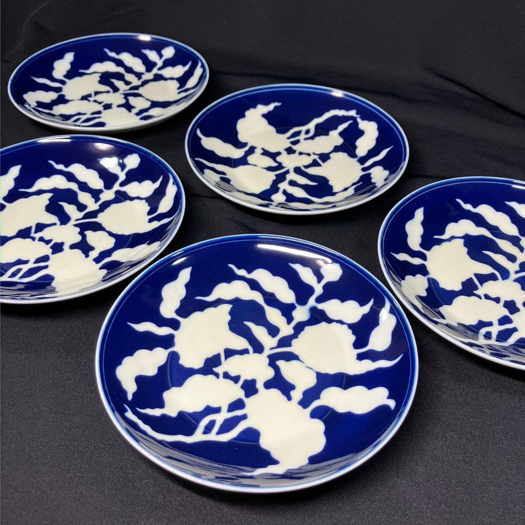 深川製磁 草花折枝白抜紋 中皿 5客 プレート ボウル 貴重 美品 レア