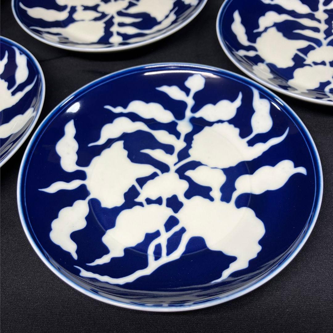 深川製磁 草花折枝白抜紋 中皿 5客 プレート ボウル 貴重 美品 レア