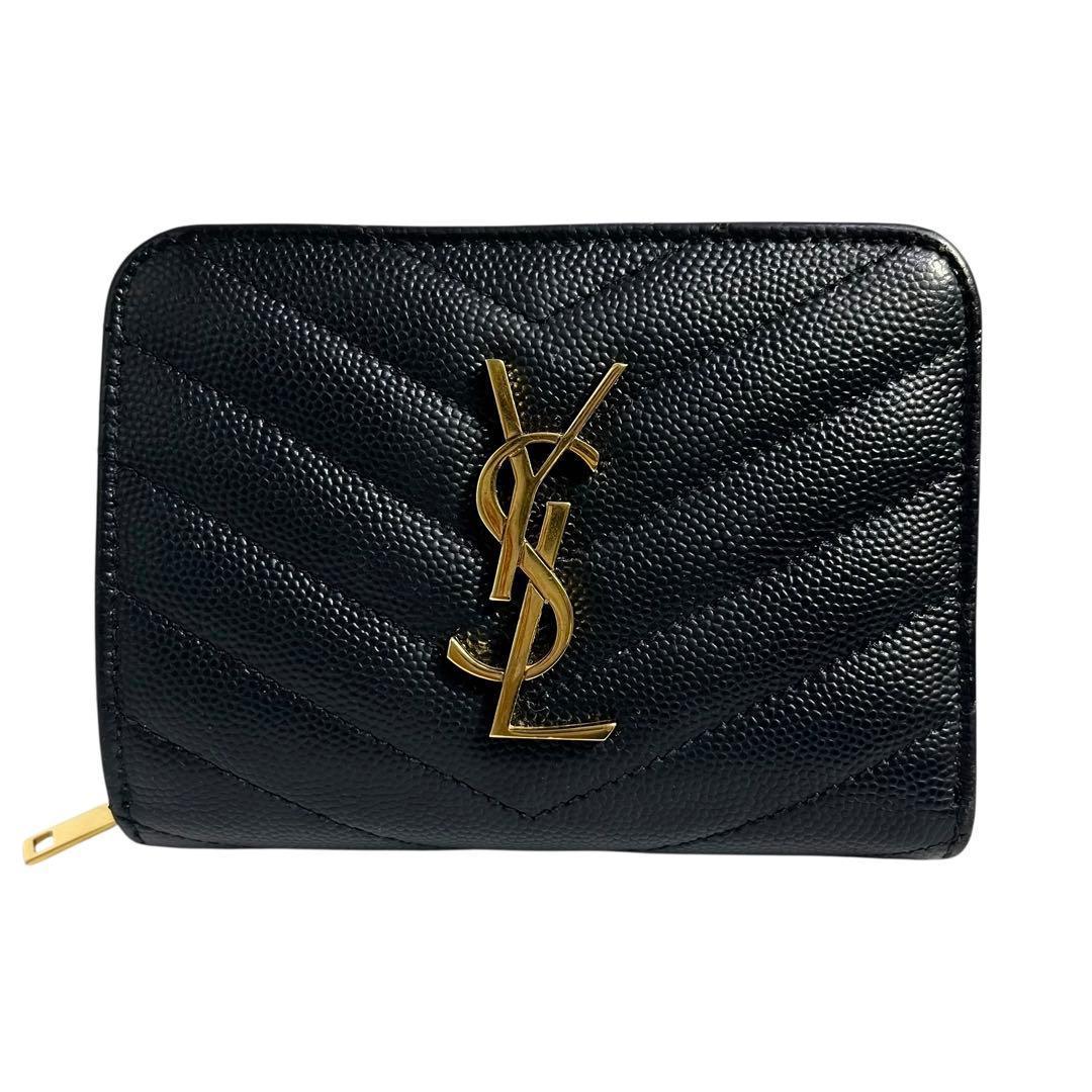 極美✨サンローラン 二つ折り財布 キャビアスキン YSL カサンドラ ブラック
