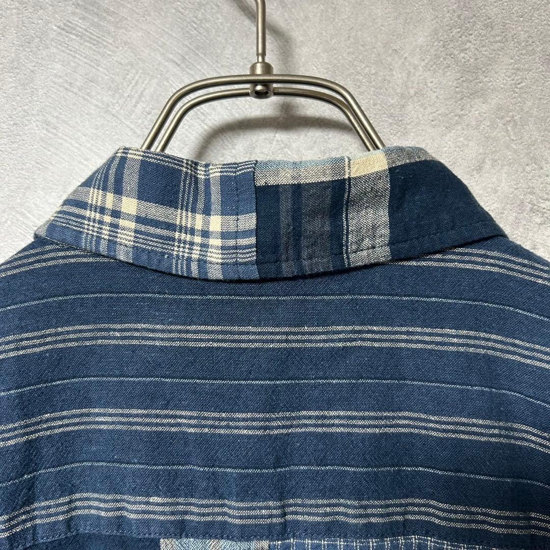新品 ローレンラルフローレン 綿 麻 チェック柄 長袖 シャツ パッチワーク S