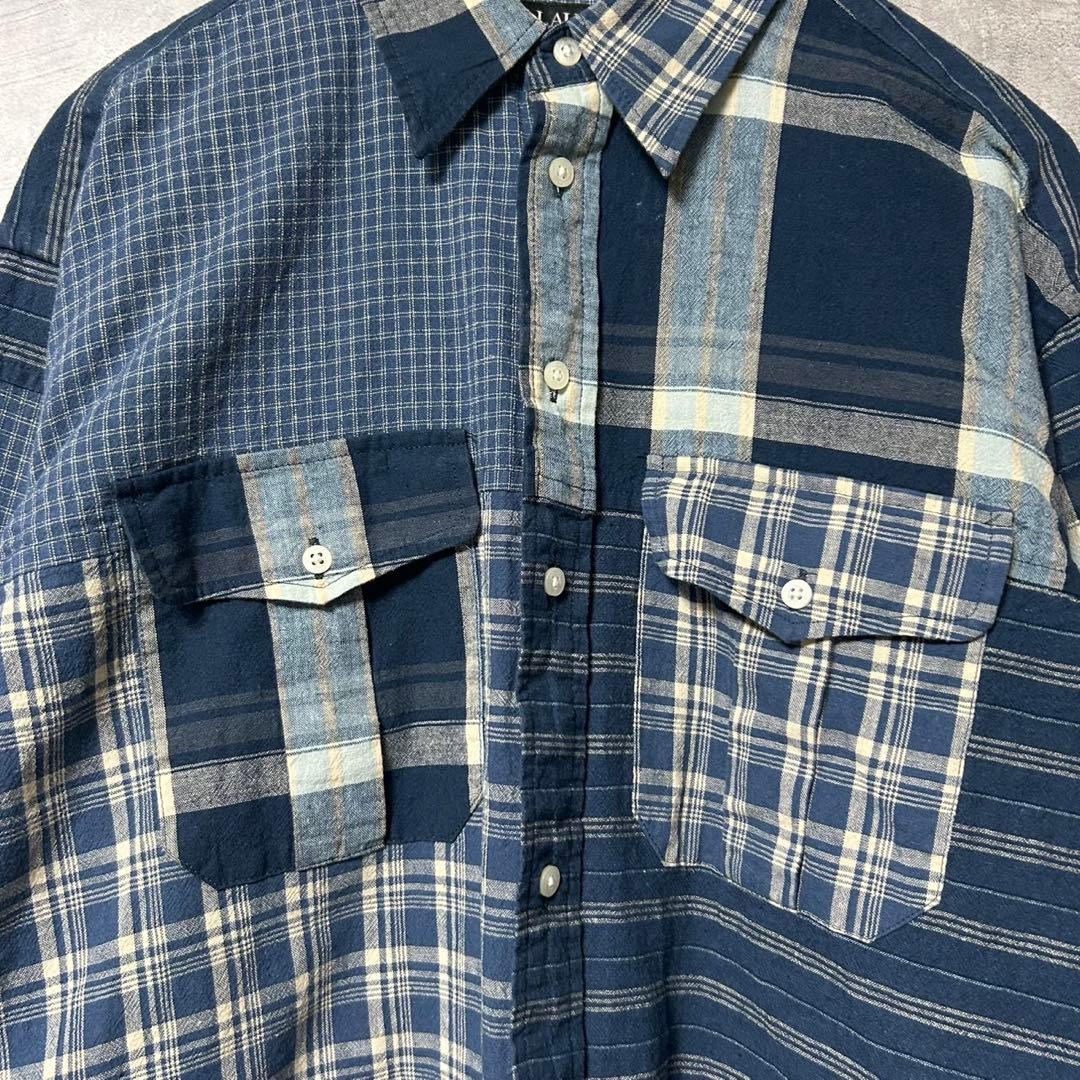 新品 ローレンラルフローレン 綿 麻 チェック柄 長袖 シャツ パッチワーク S