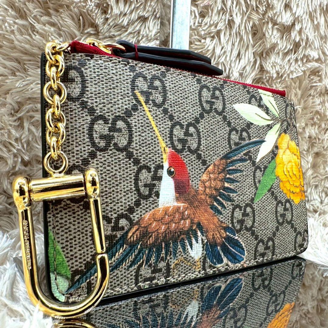 【未使用級】グッチ ケース 小銭入れ ベージュ 鳥 スプリーム 総柄