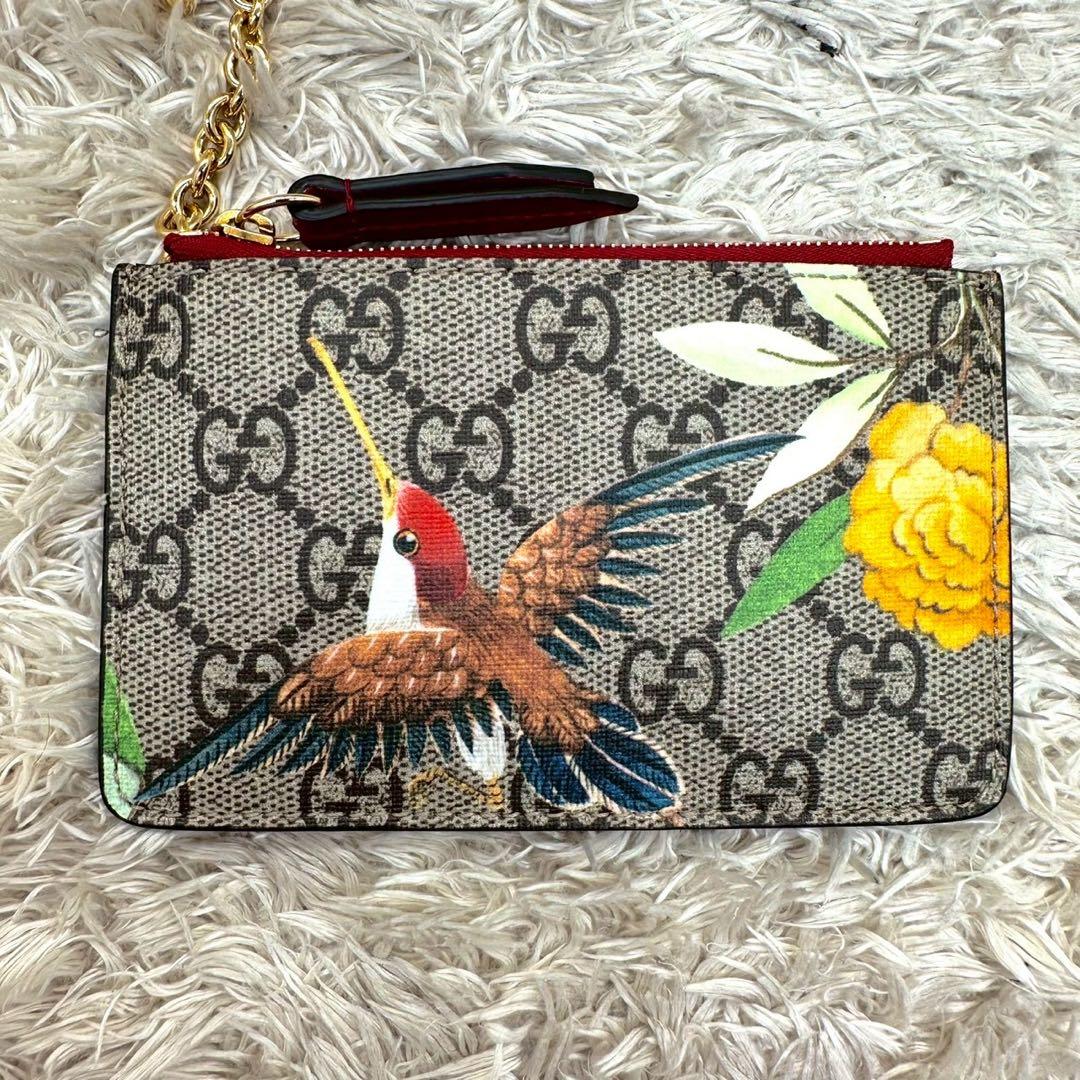 【未使用級】グッチ ケース 小銭入れ ベージュ 鳥 スプリーム 総柄