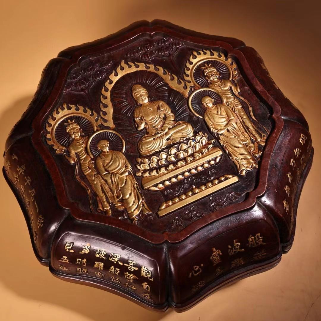 中国古美術・純銅製の高浮彫鎏金錾彫刻花仏教彫刻経文・装飾箱・果物箱・文房具・紫銅