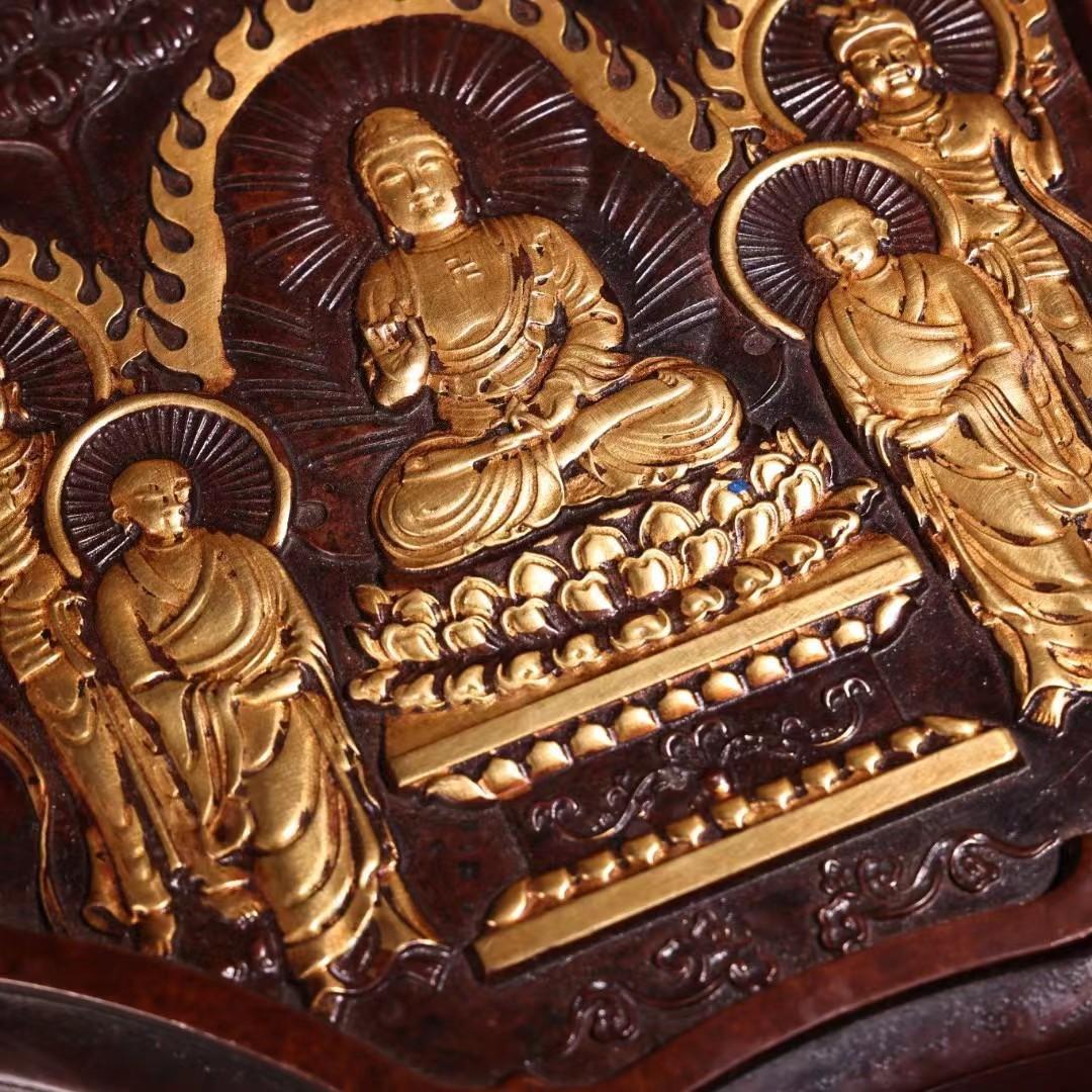 中国古美術・純銅製の高浮彫鎏金錾彫刻花仏教彫刻経文・装飾箱・果物箱・文房具・紫銅
