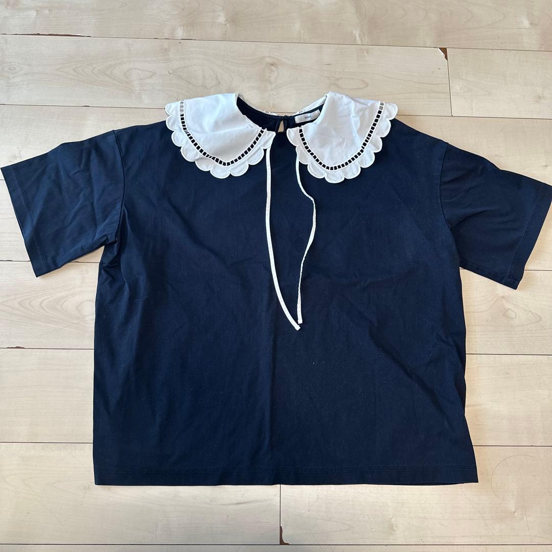 【値下げ】yori フリル襟 ネイビー 半袖トップス