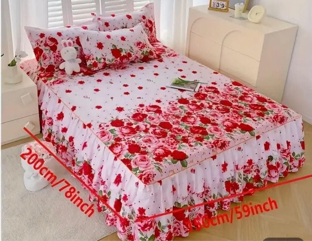赤い花柄 ベッドスカート 200cm150cm