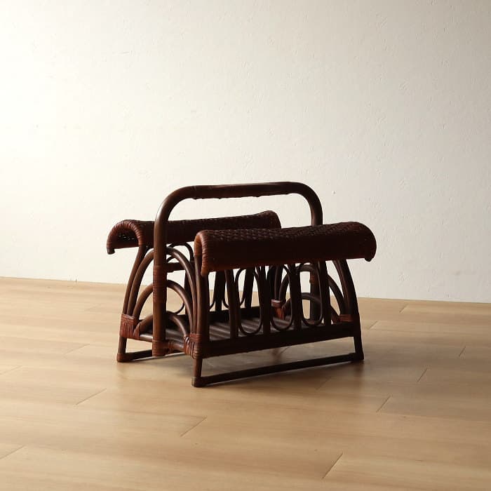 アンティーク ラタン＆レザー スリッパラック マガジンラック 本革 古家具