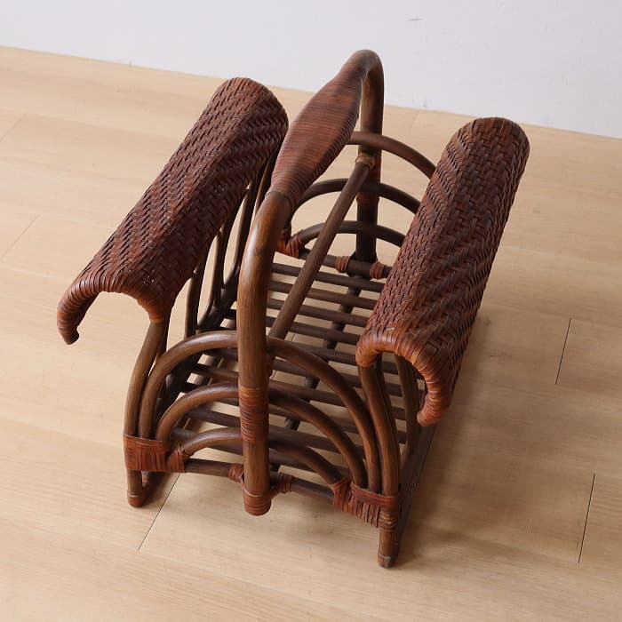 アンティーク ラタン＆レザー スリッパラック マガジンラック 本革 古家具