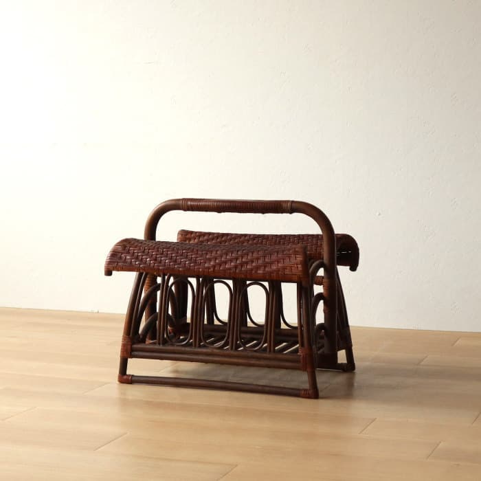 アンティーク ラタン＆レザー スリッパラック マガジンラック 本革 古家具
