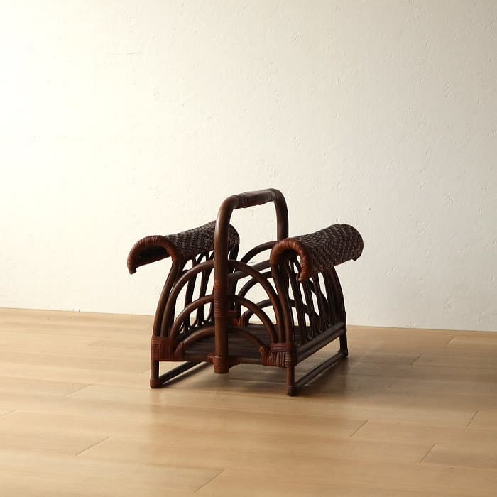 アンティーク ラタン＆レザー スリッパラック マガジンラック 本革 古家具