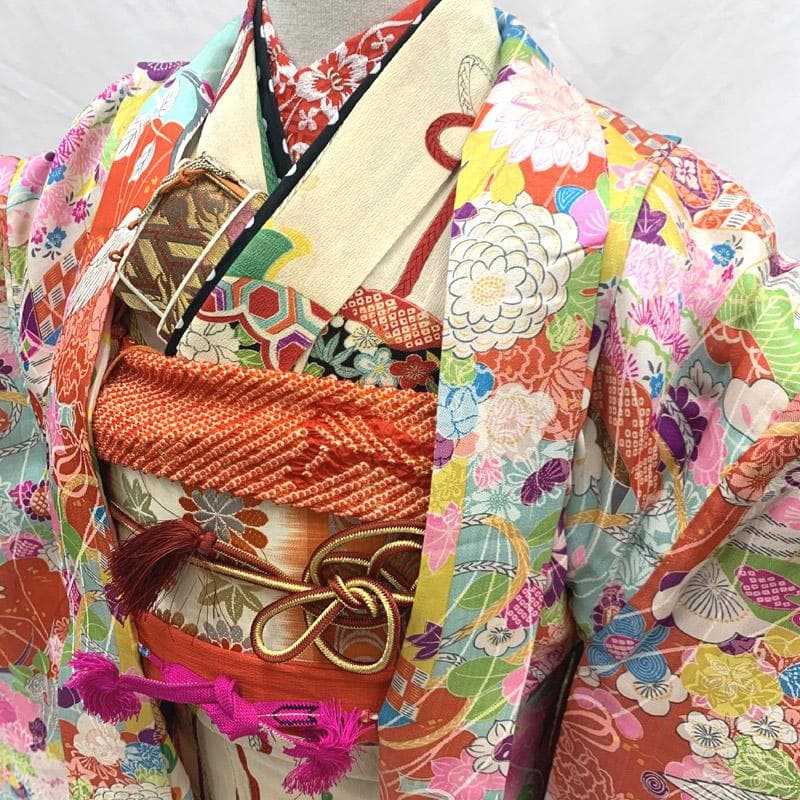 511ag64■七五三 七歳 女児 アンティーク長羽織 鶴 菊 貝桶■状態良好