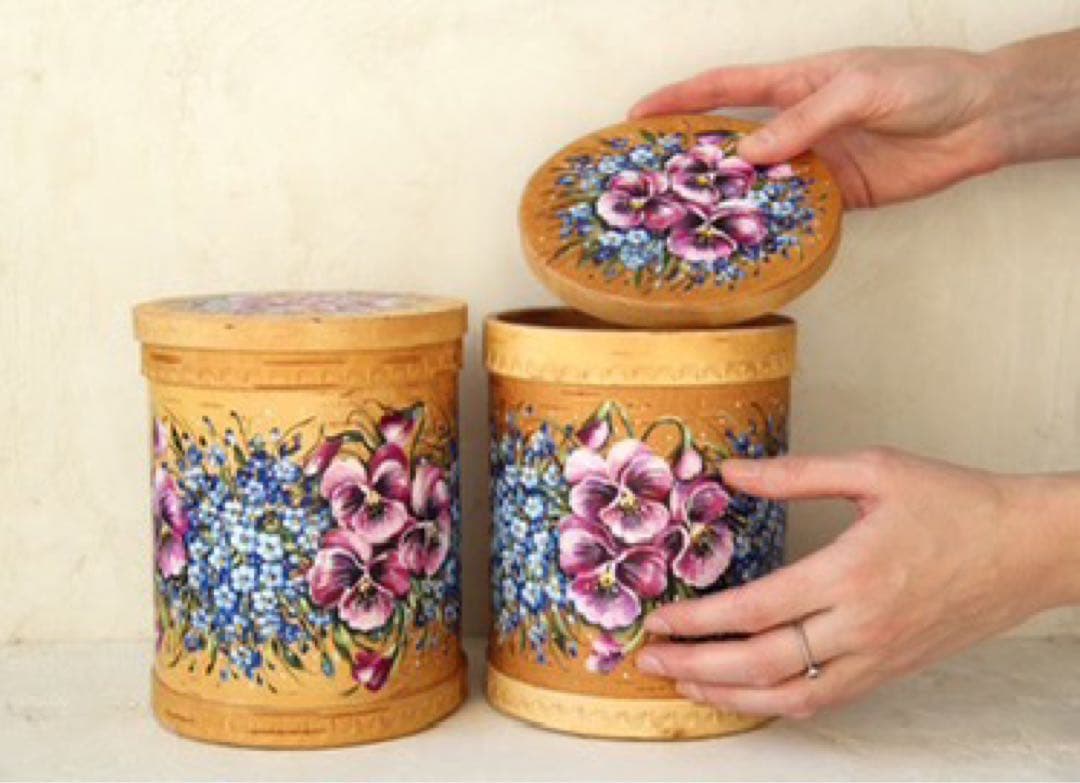 ロシア雑貨☆白樺工芸ベレスタ『パンジーと勿忘草』キャニスター2個 マトリョーシカ