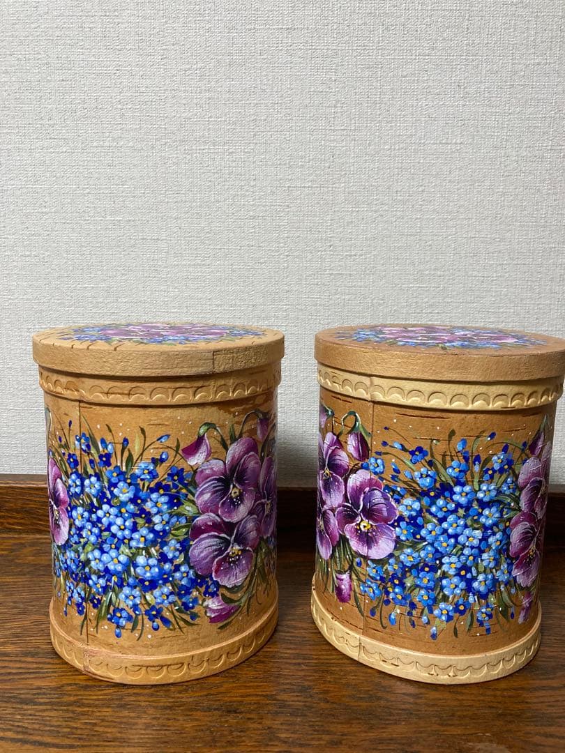 ロシア雑貨☆白樺工芸ベレスタ『パンジーと勿忘草』キャニスター2個 マトリョーシカ
