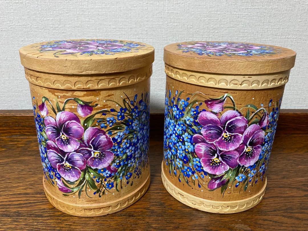 ロシア雑貨☆白樺工芸ベレスタ『パンジーと勿忘草』キャニスター2個 マトリョーシカ