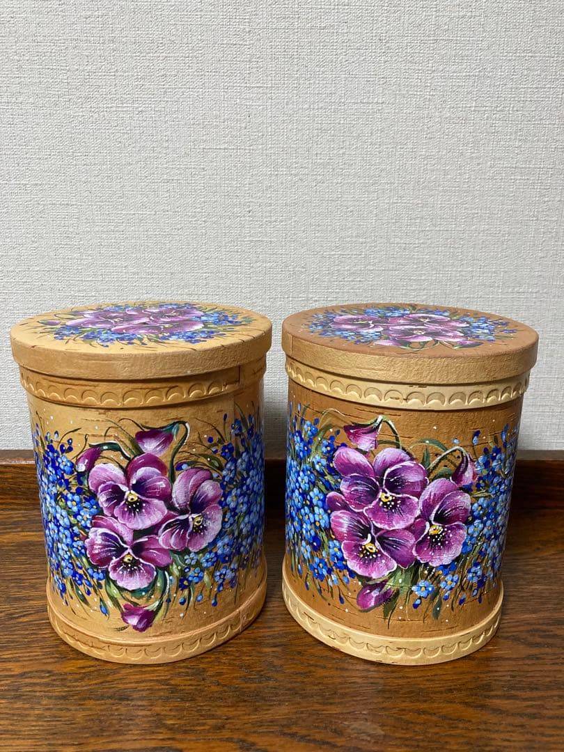 ロシア雑貨☆白樺工芸ベレスタ『パンジーと勿忘草』キャニスター2個 マトリョーシカ