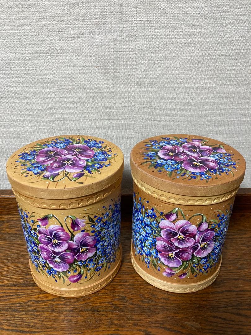 ロシア雑貨☆白樺工芸ベレスタ『パンジーと勿忘草』キャニスター2個 マトリョーシカ