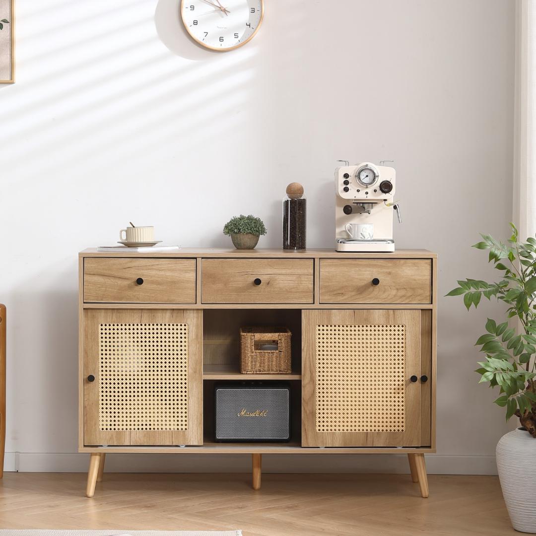 北欧 木目調 キャビネット サイドボード チェスト ラタン風 引き出し付き