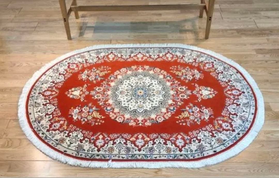 ペルシャ　ナイン産　書斎　玄関　140×94 楕円形　茜色　花束