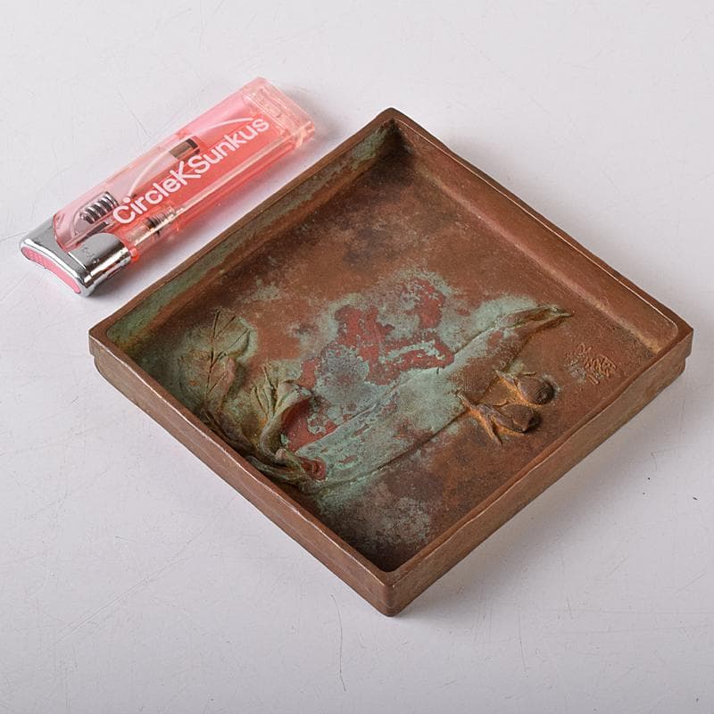 高岡銅器　須賀松園造　蝋型鋳銅　野菜文　四方皿　共布共箱　C　R8444
