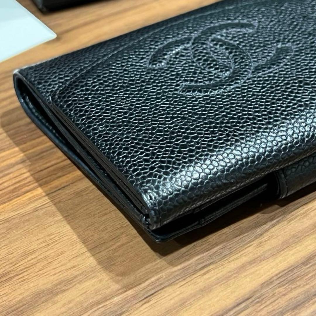 CHANEL-シャネル-キャビアスキン 折り財布 ココマーク ブラック