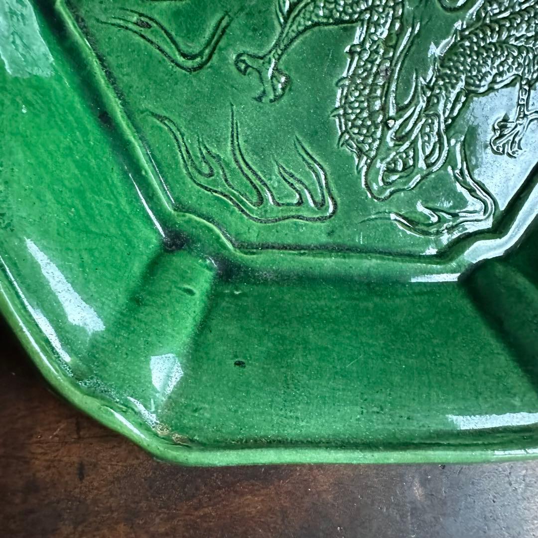【希少美品】清緑釉　六角陰刻龍図皿　飾り皿　清時代　中国美術　珉平焼