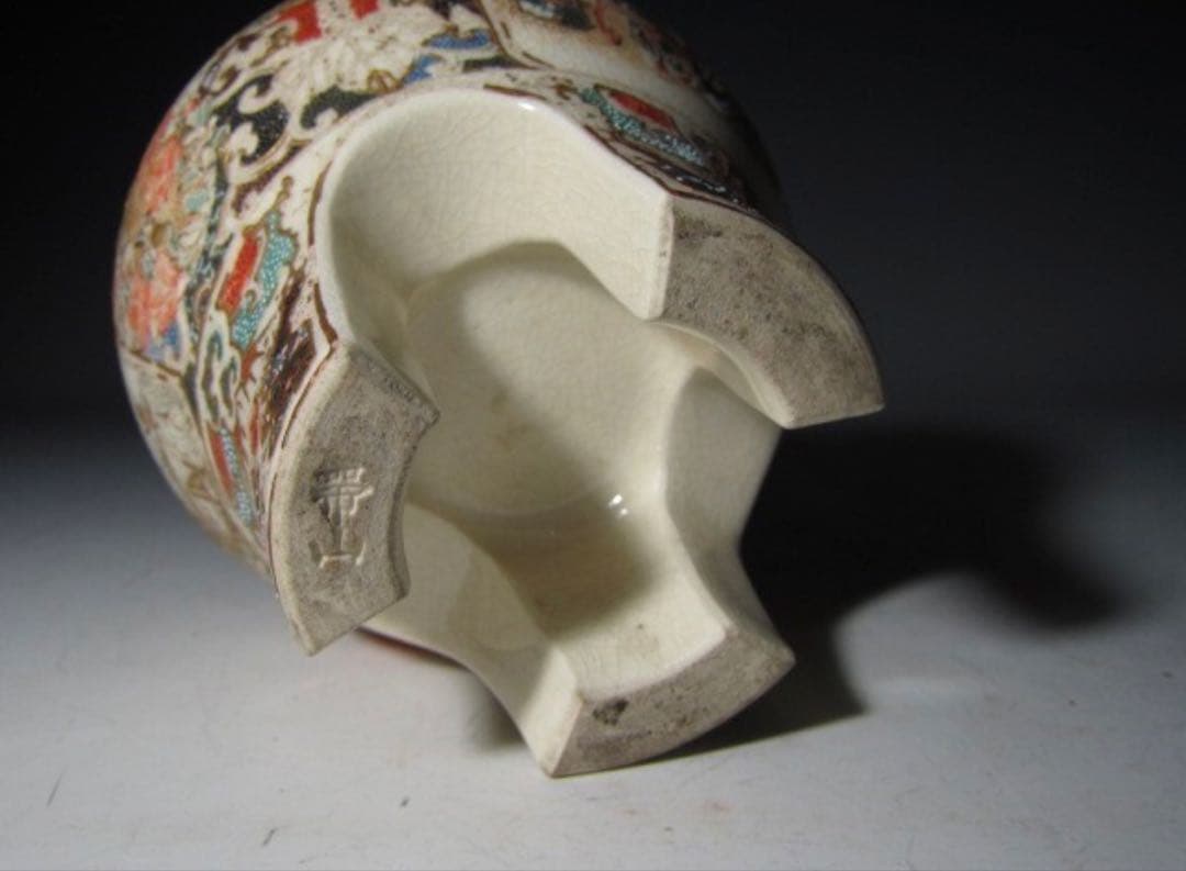 江戸期 京薩摩 帯山造 金襴手花入！7712