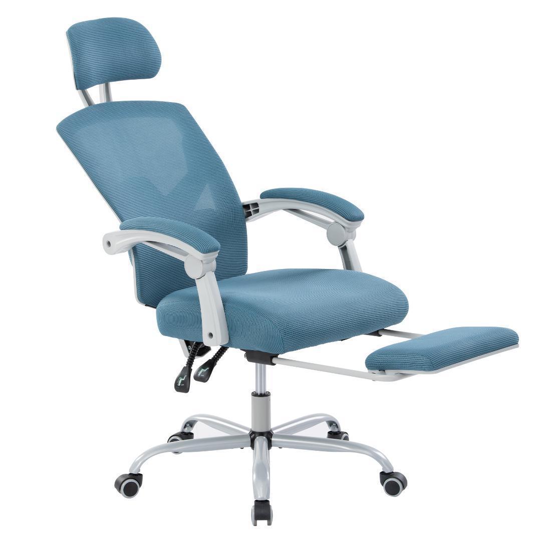 オフィスチェア 事務所チェア リクライニング機能 足載せ付き 【 ブルー】