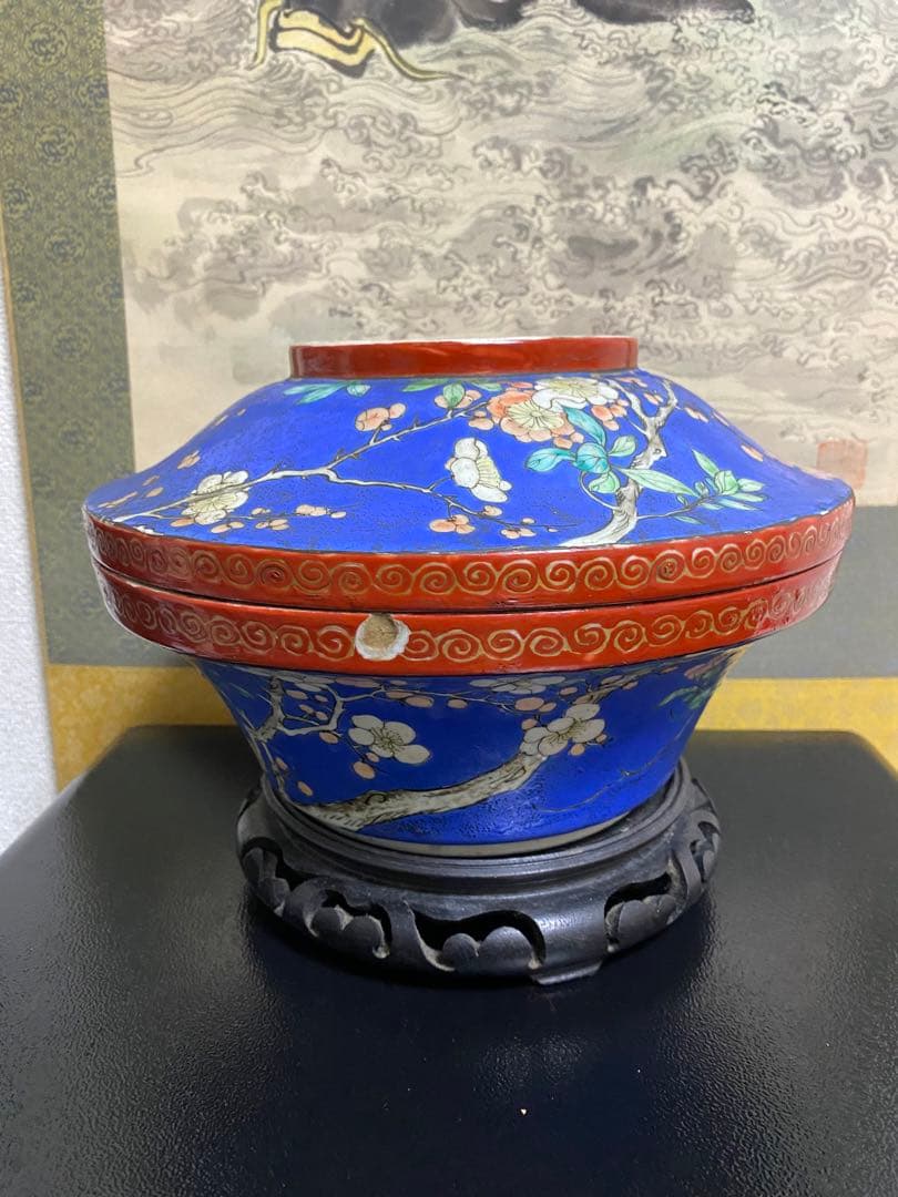 清朝　中国美術 色絵花鳥図蓋物 骨董品保証