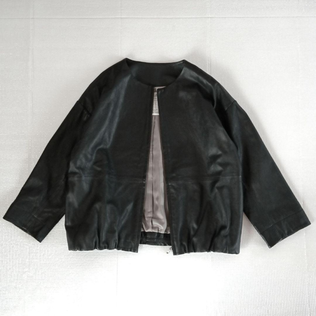 美品◆BEARDSLEY ビアズリー ノーカラー　ラムレザージャケット ブラック