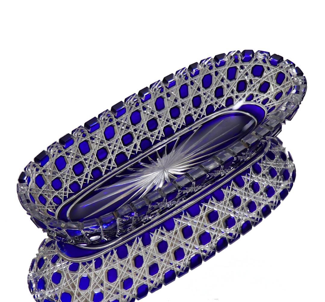 オールド・バカラ 最上級作品 青色被せ切子長皿 ディアマン・ピエーリー プレート