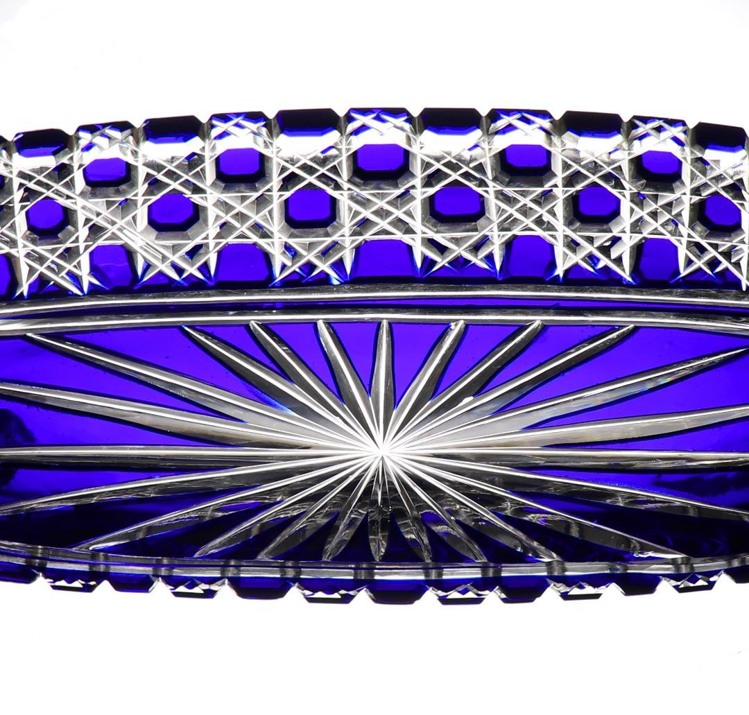 オールド・バカラ 最上級作品 青色被せ切子長皿 ディアマン・ピエーリー プレート