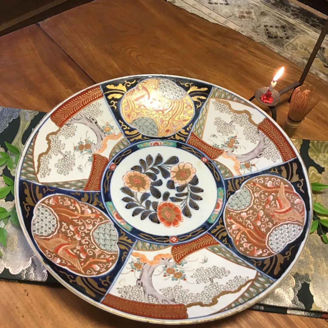 988 古伊万里　金襴手　窓絵　鳳凰桜紋様　大皿　1尺5寸　1枚