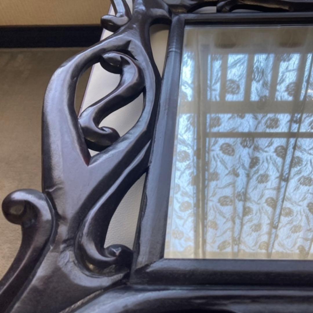 ウォールミラー 鏡 壁掛け 木製 木彫り 彫刻 ブラウン レトロ アンティーク