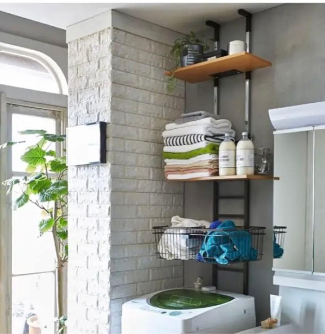 突っ張り式　洗濯機棚 ランドリーラック バスケットタイプ 2段