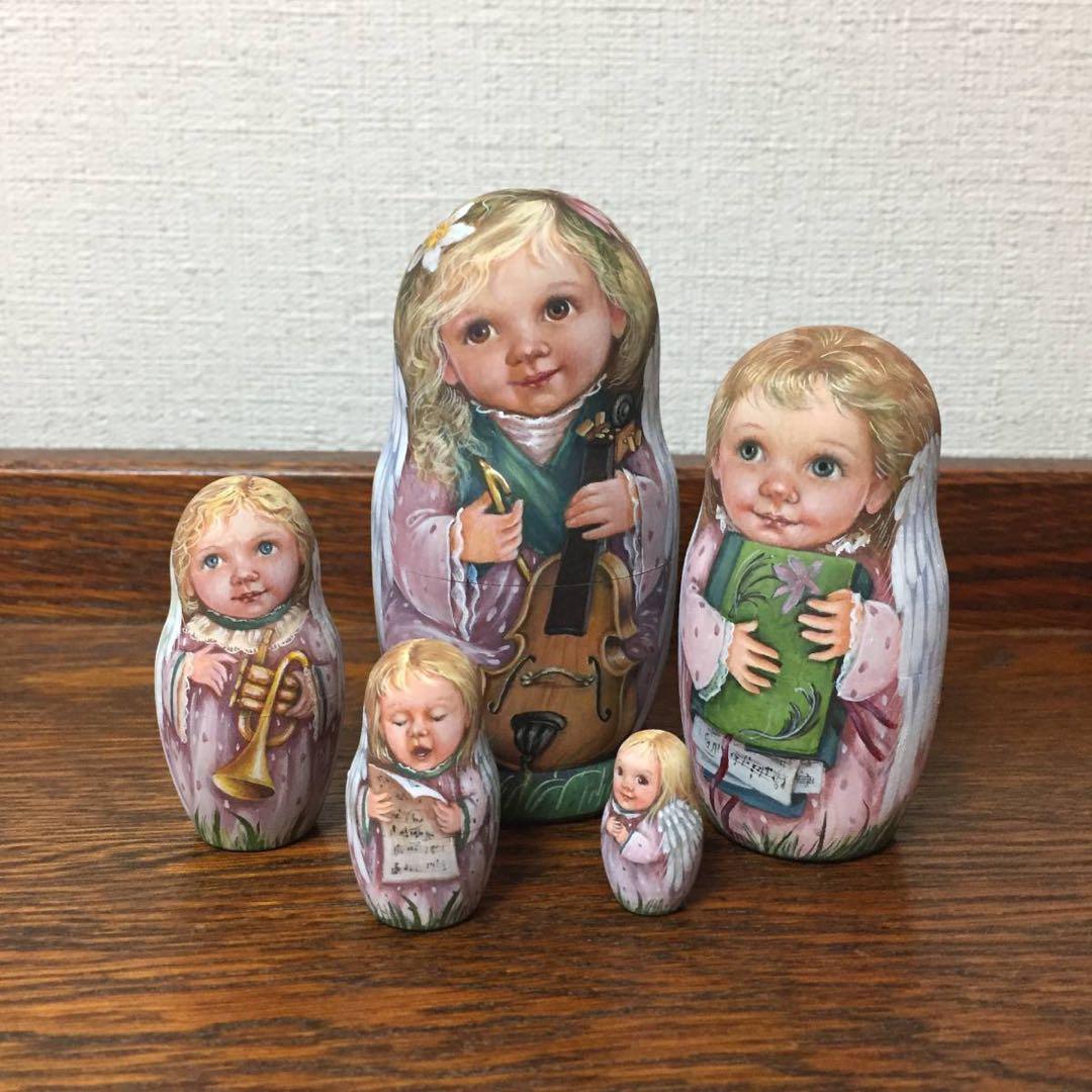 ロシア雑貨☆天使マトリョーシカ チェロ&楽譜付きフォルダー(5P)H10.5cm