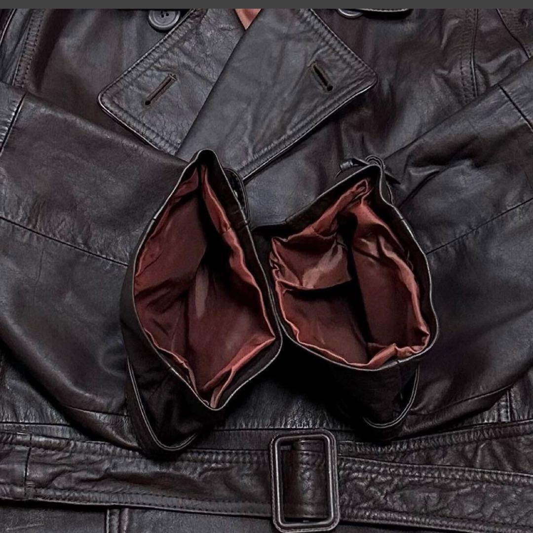 【希少❗️】牛革 レザー トレンチコート エポレット ベルト 袖ベルト ブラウン