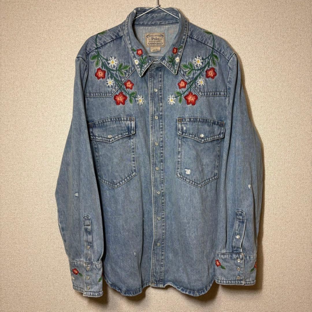 【美品】POLO ポロ ラルフローレン 花刺繍 デニムシャツ XL ビッグサイズ