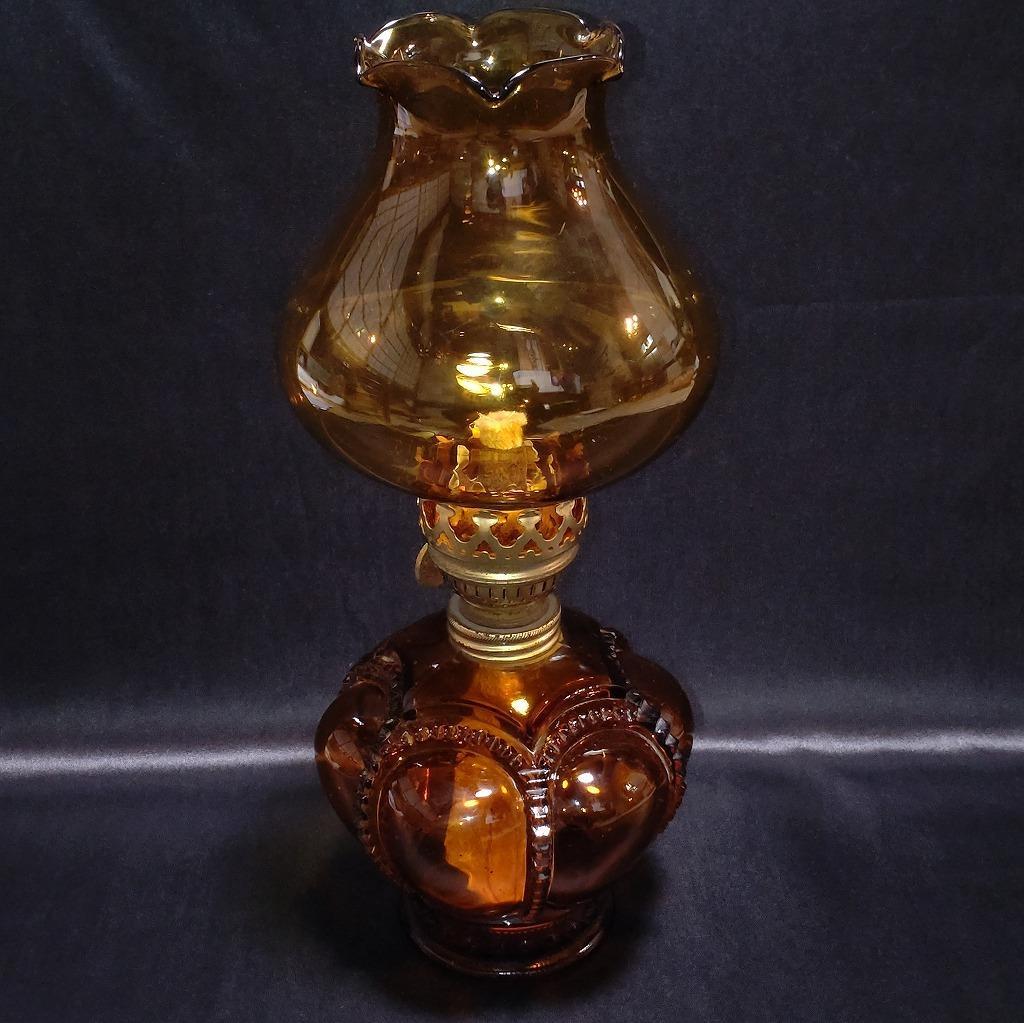 オイルランプ 硝子製 古硝子 琥珀色 最大直径約130㎜ 高さ約320㎜ レトロ