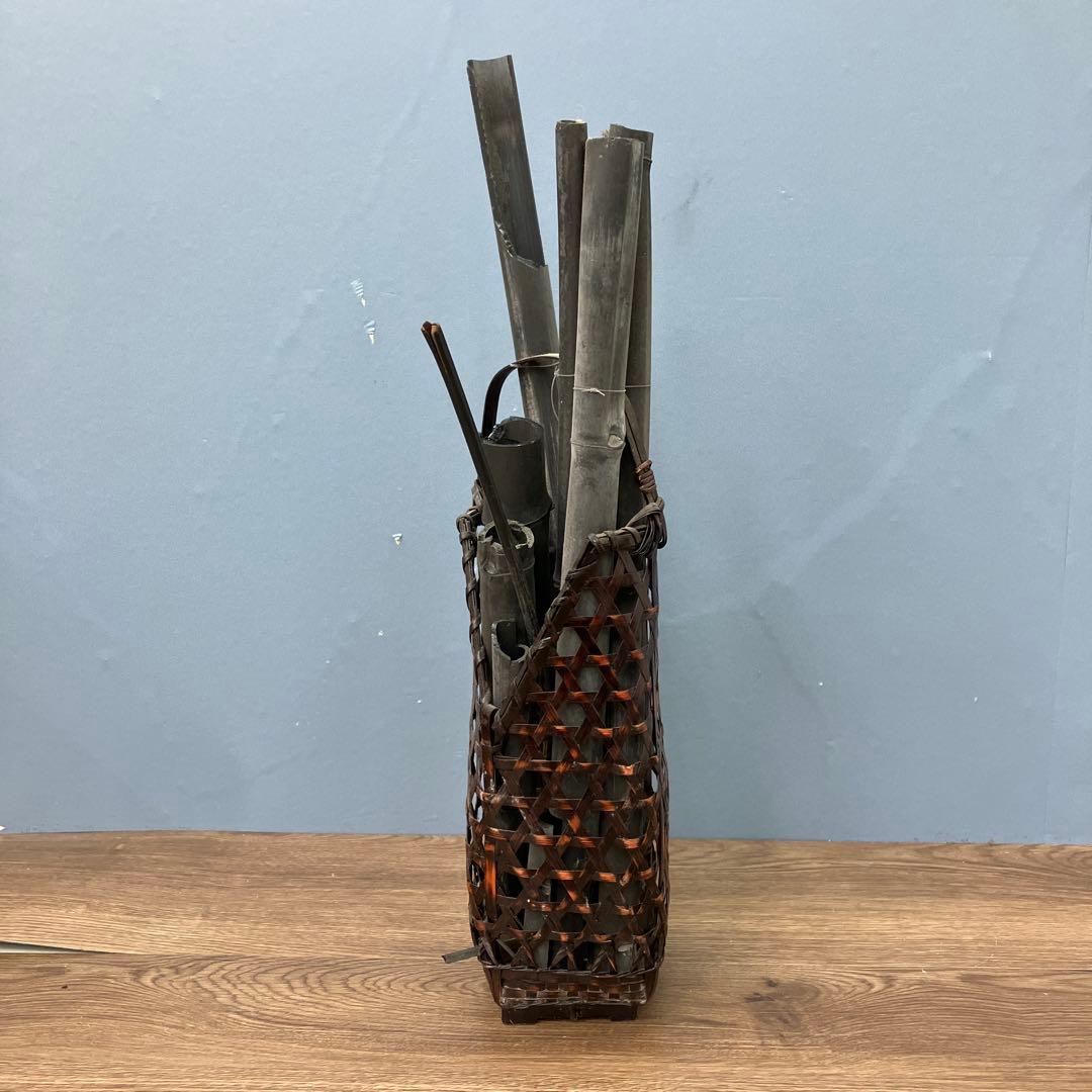 4F 趣のある逸品 竹籠 花籠 花器 竹炭 古竹 セット 囲炉裏演出 インテリア