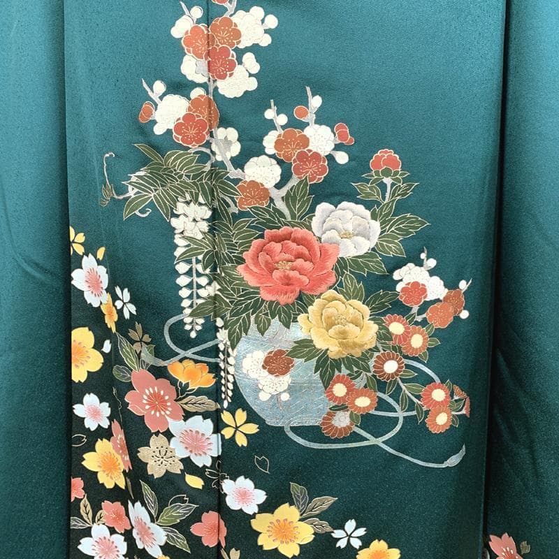 509z27〇振袖 金彩 刺繍 桜 菊 梅 牡丹 緑〇美品 成人式 結婚式