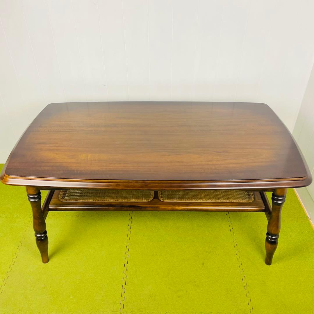 【美品】カリモク センターテーブル ローテーブル コロニアル ラタン棚