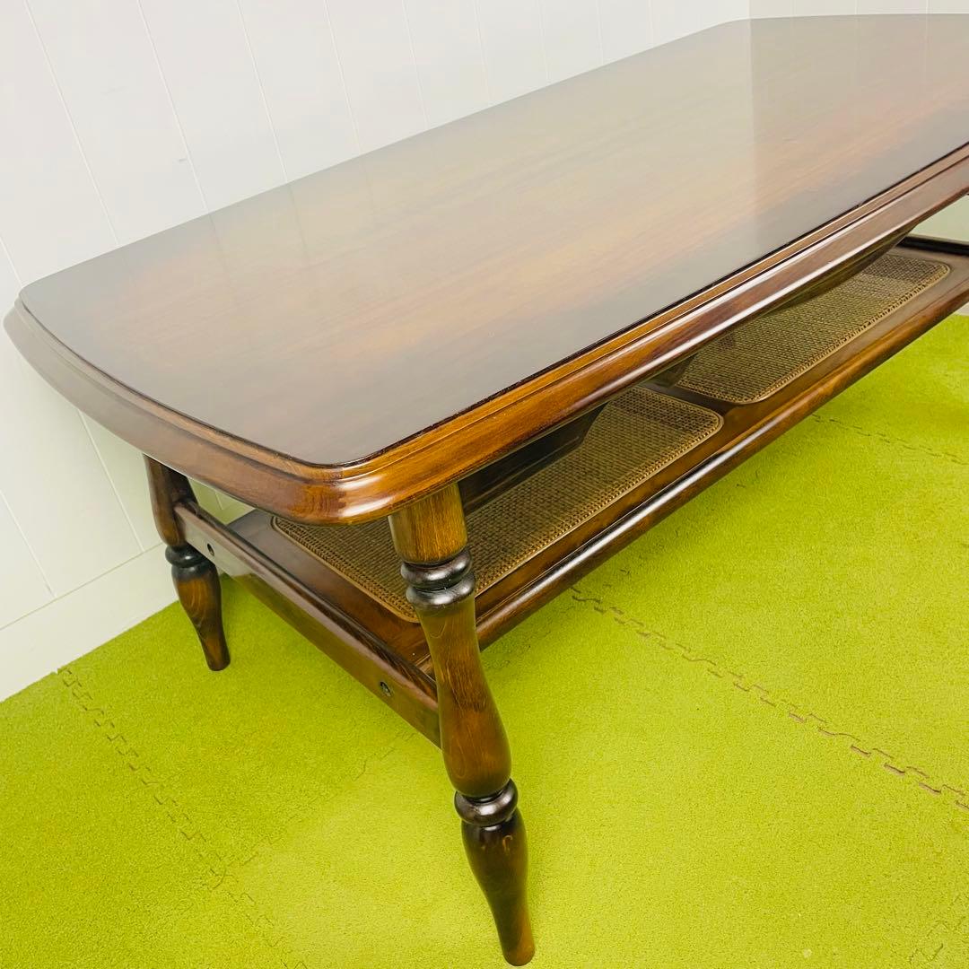 【美品】カリモク センターテーブル ローテーブル コロニアル ラタン棚